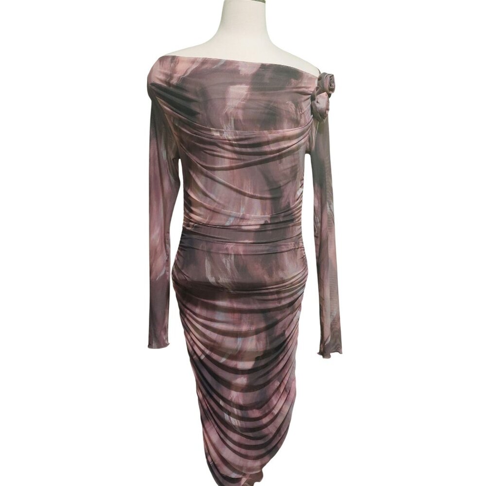 NWT Commense Women's Pink/Mauve Long Sleeve Ruched Mesh Dress W/ Rosette's Large